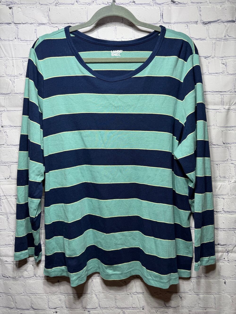 Lands' End Womens Crew Neck Striped Long Sleeve Tee Blue Sz 2X Casual
